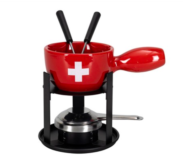 Keramieke fondueset in klassiek rood, inspiratie uit Alpentraditie voor echte Zwitserse sfeer