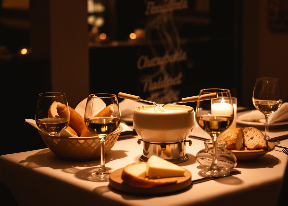 Gedekte tafel met Zwitserse kaasfondue en witte wijn
