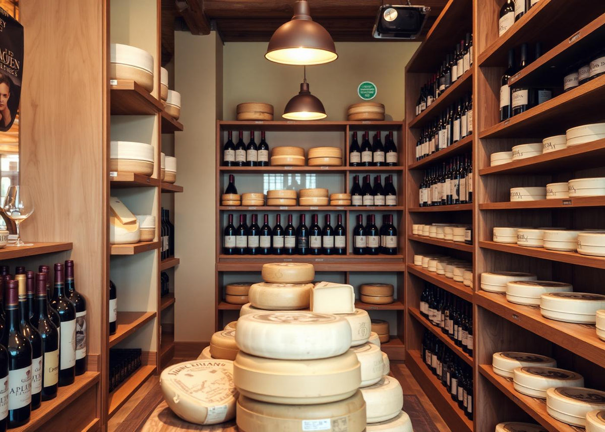 Interieur van een wijn- en kaasspeciaalzaak